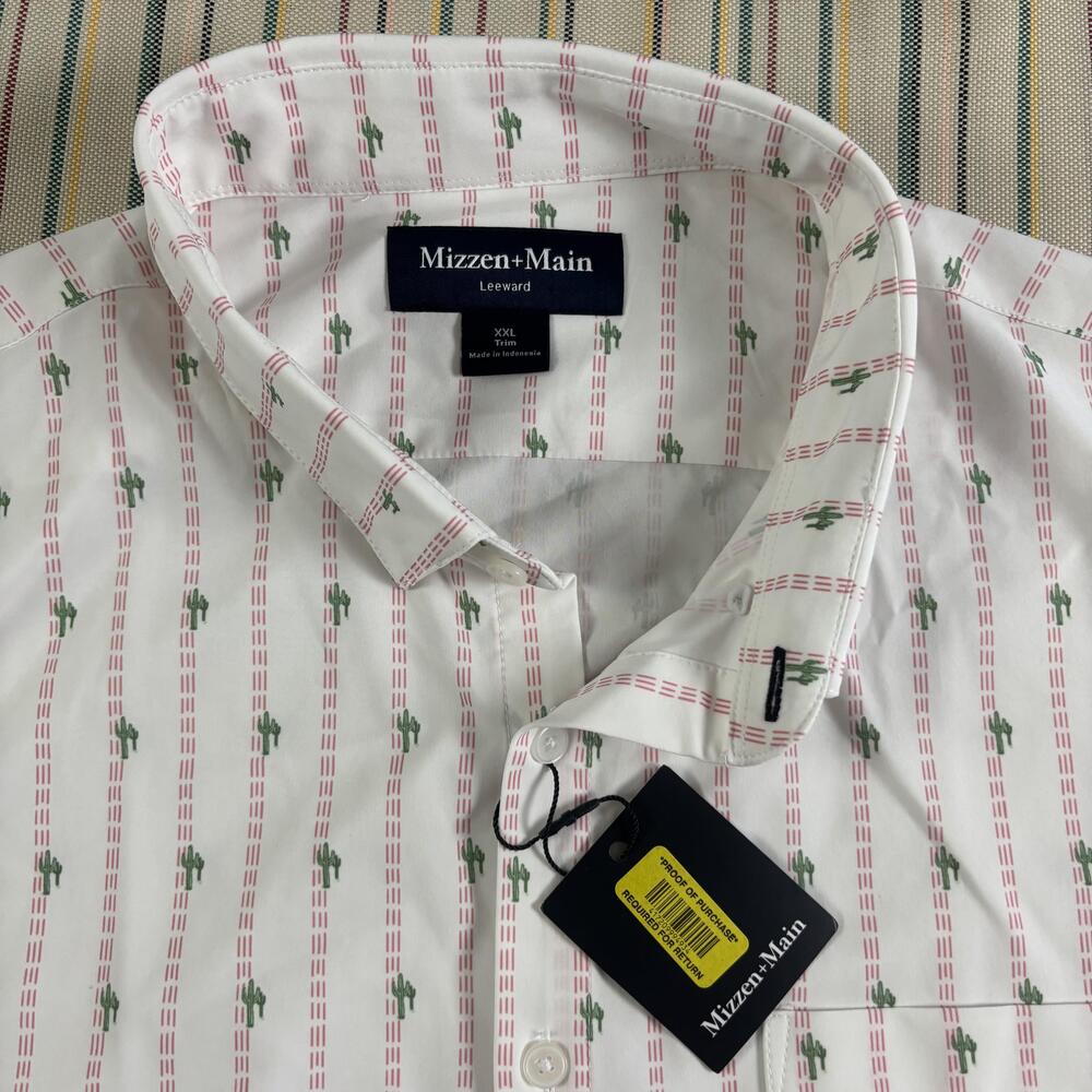 Mizzen+Main Shirt Mens 2XL White Cactus Stripe Short Sleeve Button Front Stretch